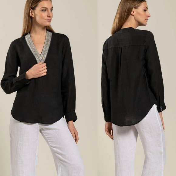 120% LINO Long Sleeve Blouse V-Neck Sequin Embellished Popover Linen Shirt NEW - Picture 3 of 14